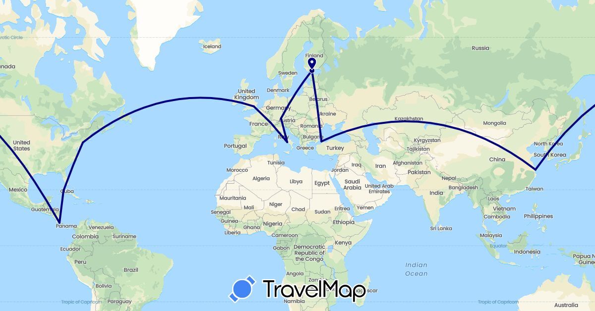 TravelMap itinerary: driving in China, Costa Rica, Cuba, Germany, Finland, United Kingdom, Italy, Turkey, United States (Asia, Europe, North America)